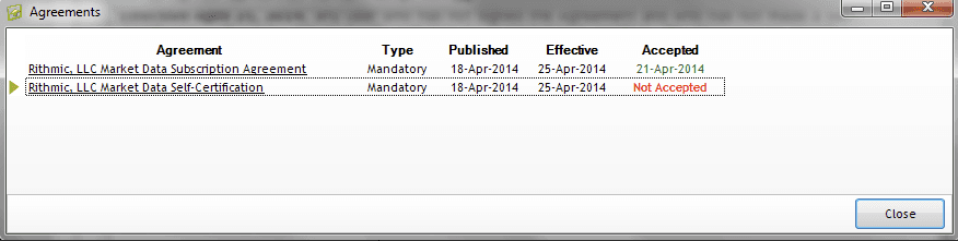 RTraderPro Agreements Screenshot