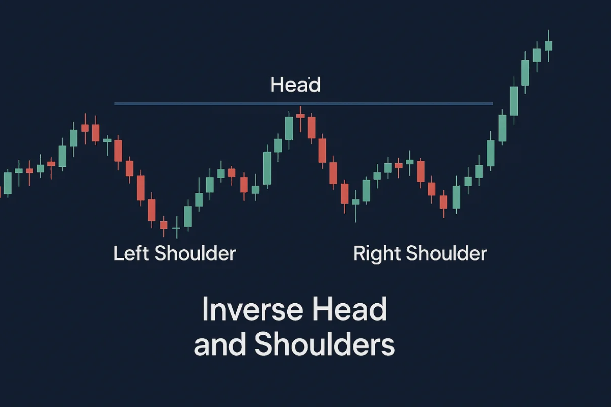 Inverse head and shoulders pattern on a candlestick chart with left shoulder, head and right shoulder